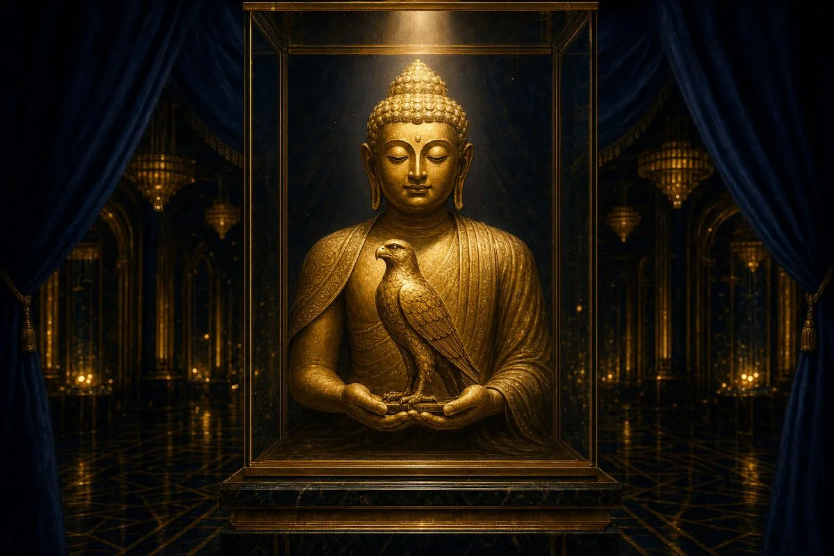 Het Gouden Idool, een valk uit het oude India, bewaakt door een Boeddha